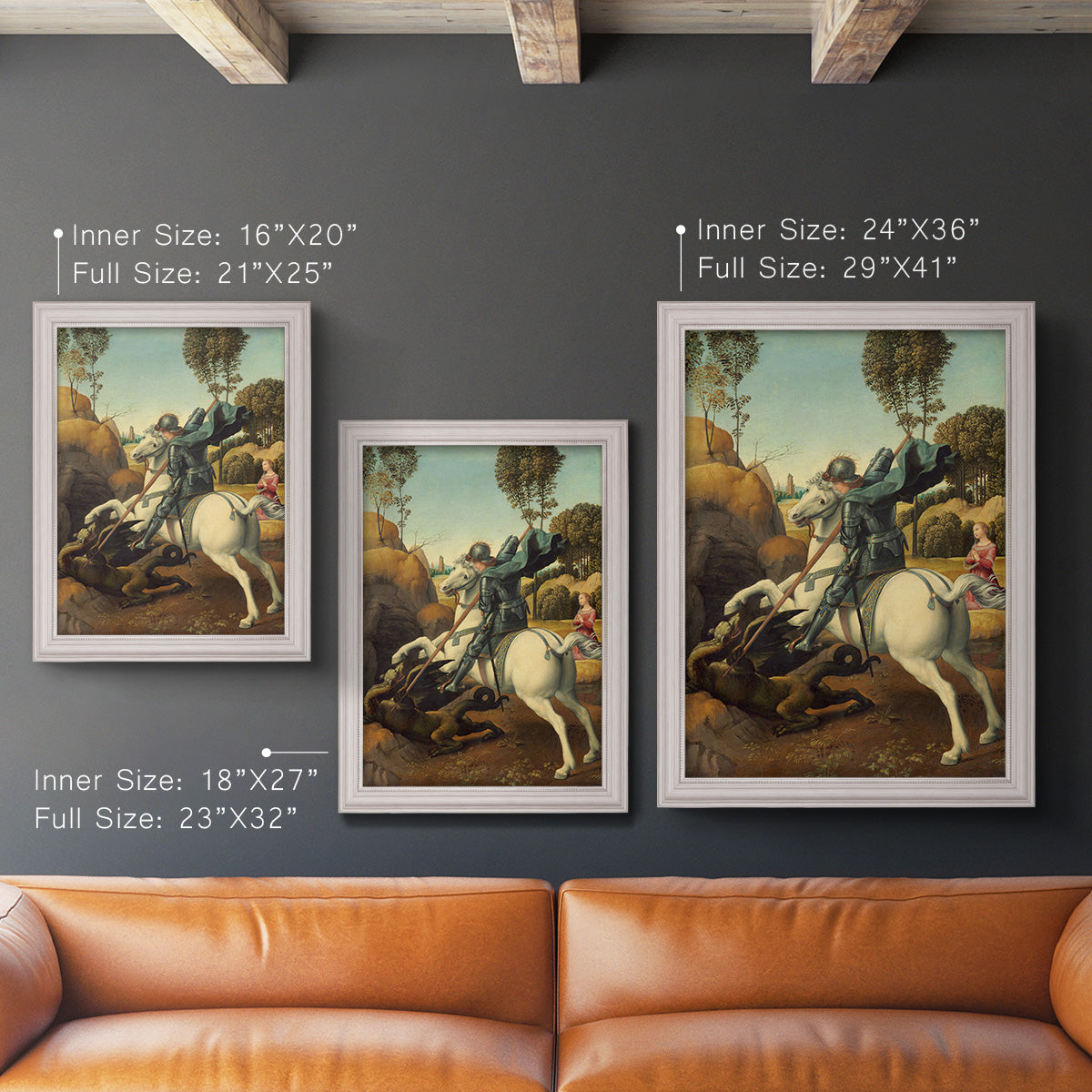 Religious painting of Saint George slaying the dragon by Raphael in an ornate weathered white frame shown in multiple vertical size options.
