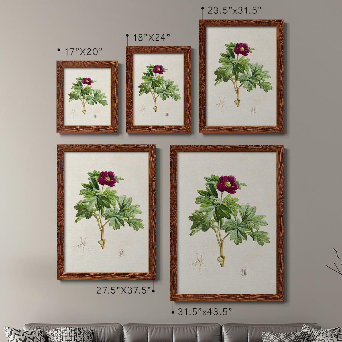 Size comparison chart for a set of two maple barnwood framed canvas prints.