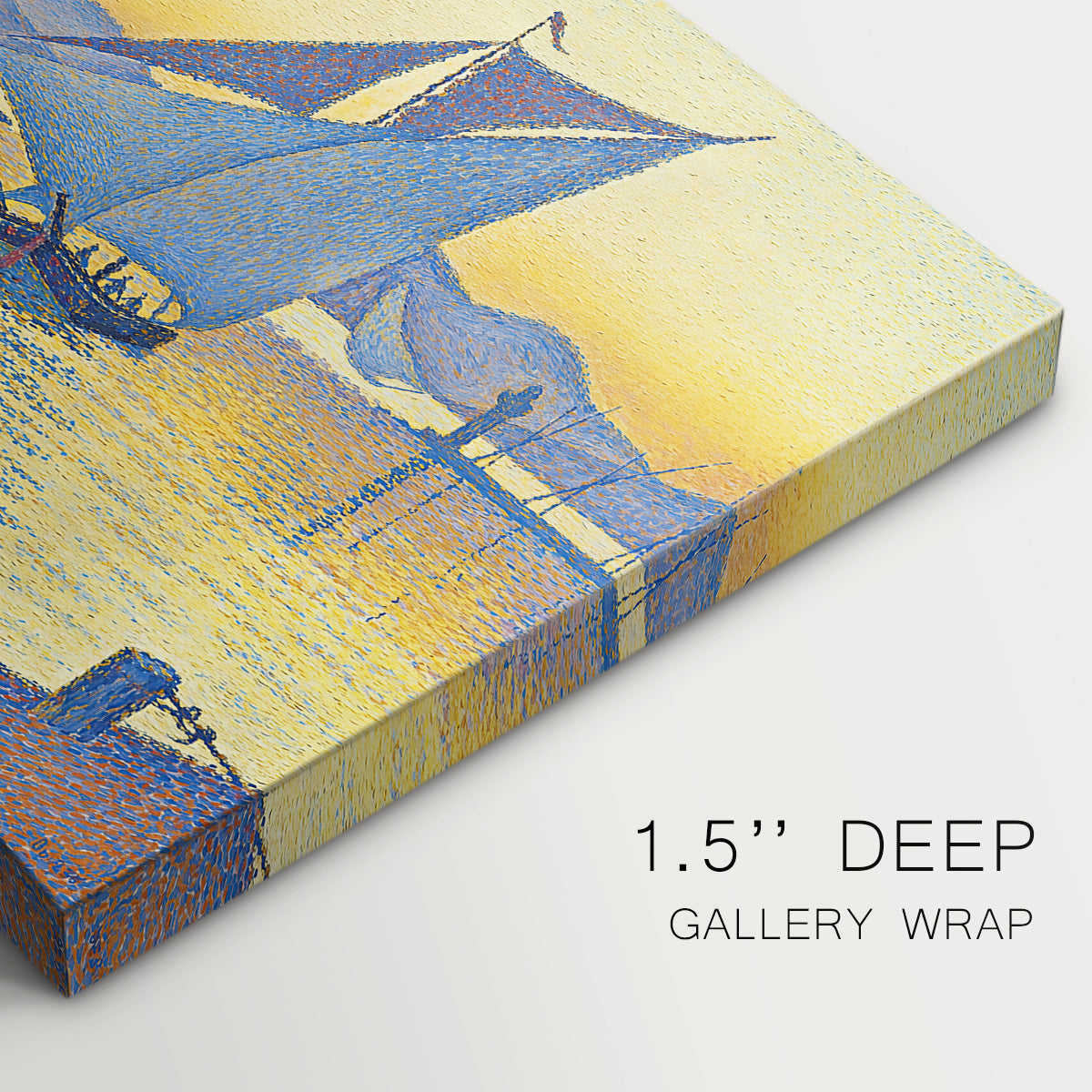 Canvas art print of a harbor glowing at sunset with boats in water, highlighting texture and gallery-wrapped edges