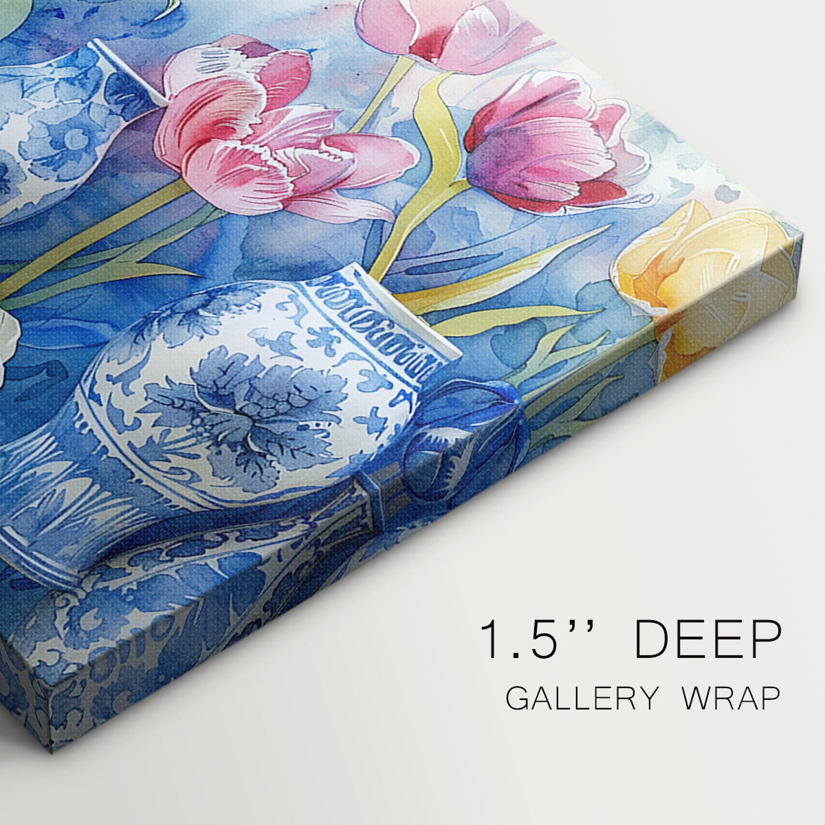 Colorful floral arrangement with blue and white vases on a bright background showcasing artistic design and craftsmanship