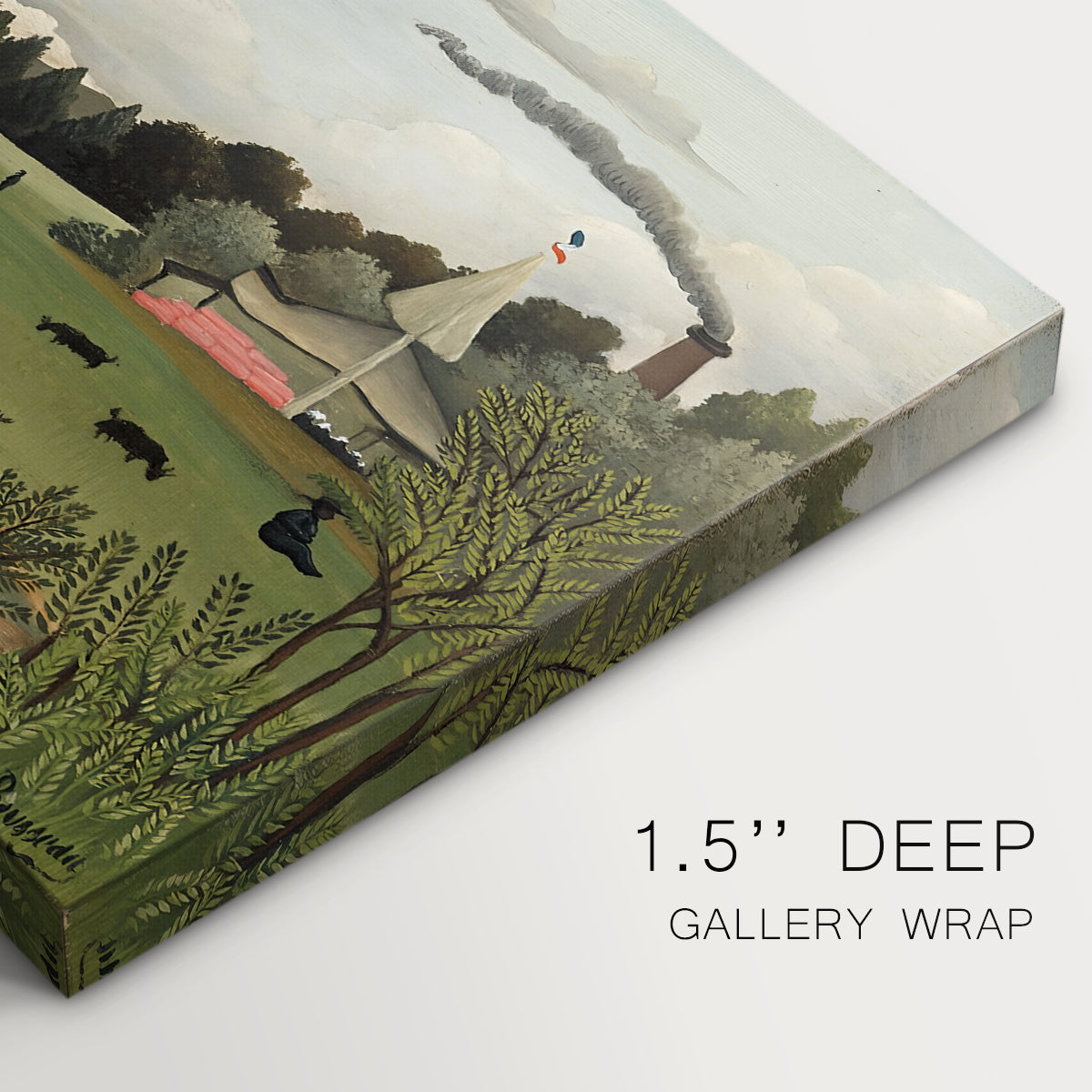 Canvas art print of an industrial factory building with figures working in outdoor setting, highlighting texture and gallery-wrapped edges