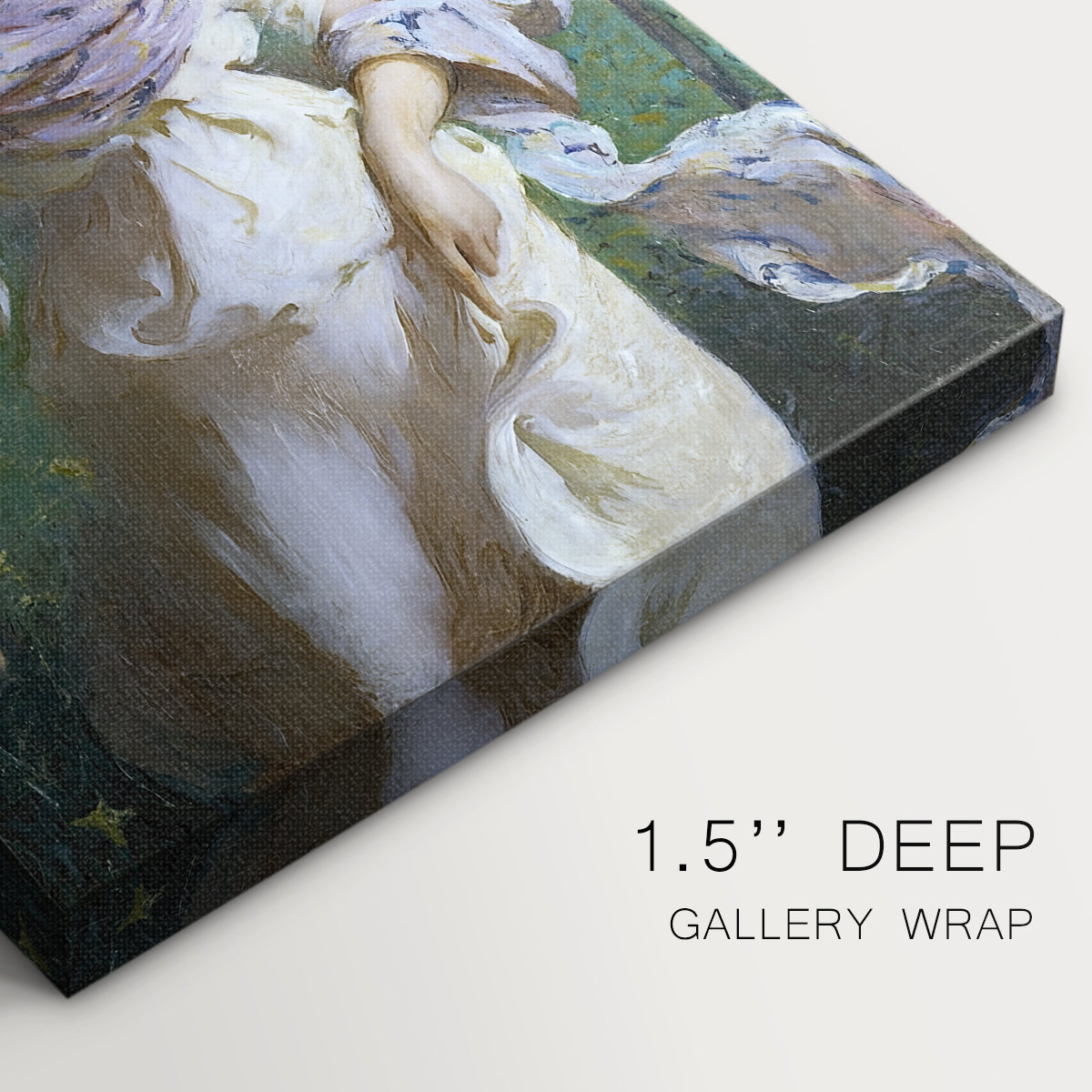 Close-up of a gallery-wrapped canvas corner showing a luminous figure in a seasonal setting, highlighting texture and print detail.
