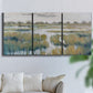 Three-panel canvas wall art featuring pastoral marshland landscape, displayed in a living room above a sofa.