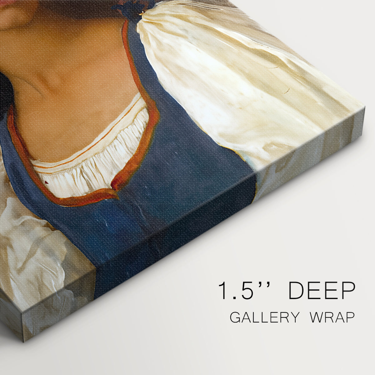 Close-up of a gallery-wrapped canvas corner showing a classical figure study with minimal background, highlighting texture and print detail.