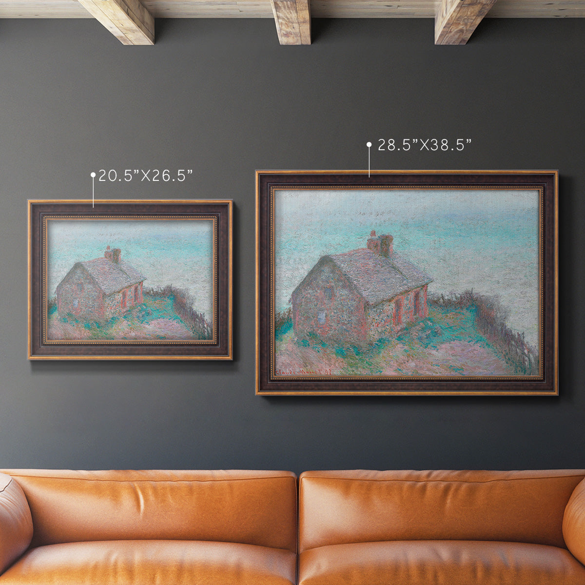Impressionist coastal building landscape by Claude Monet in an ornate bronzed mahogany wood frame shown in multiple size options.