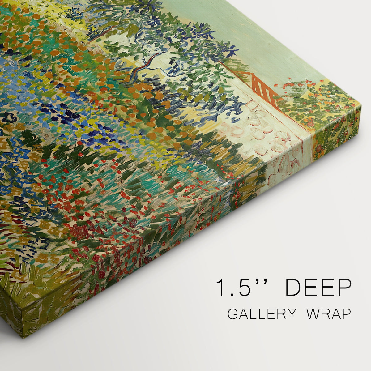 Canvas art print of a lush garden filled with plants and flowers arranged in bright sunlight, highlighting texture and gallery-wrapped edges