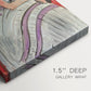 Close-up of a gallery-wrapped canvas corner showing a composed figure with gentle shading and flat background, highlighting texture and print detail.