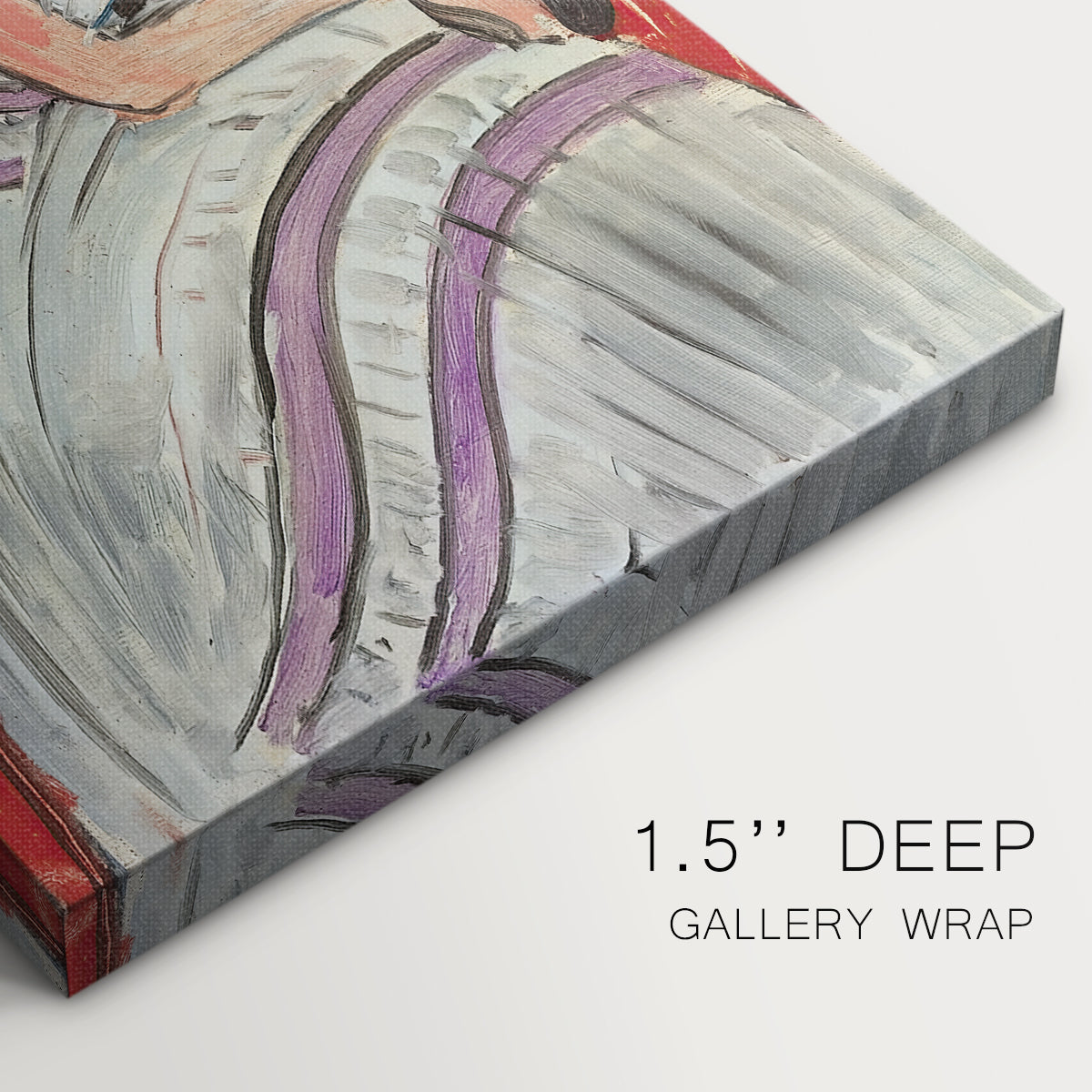 Close-up of a gallery-wrapped canvas corner showing a composed figure with gentle shading and flat background, highlighting texture and print detail.