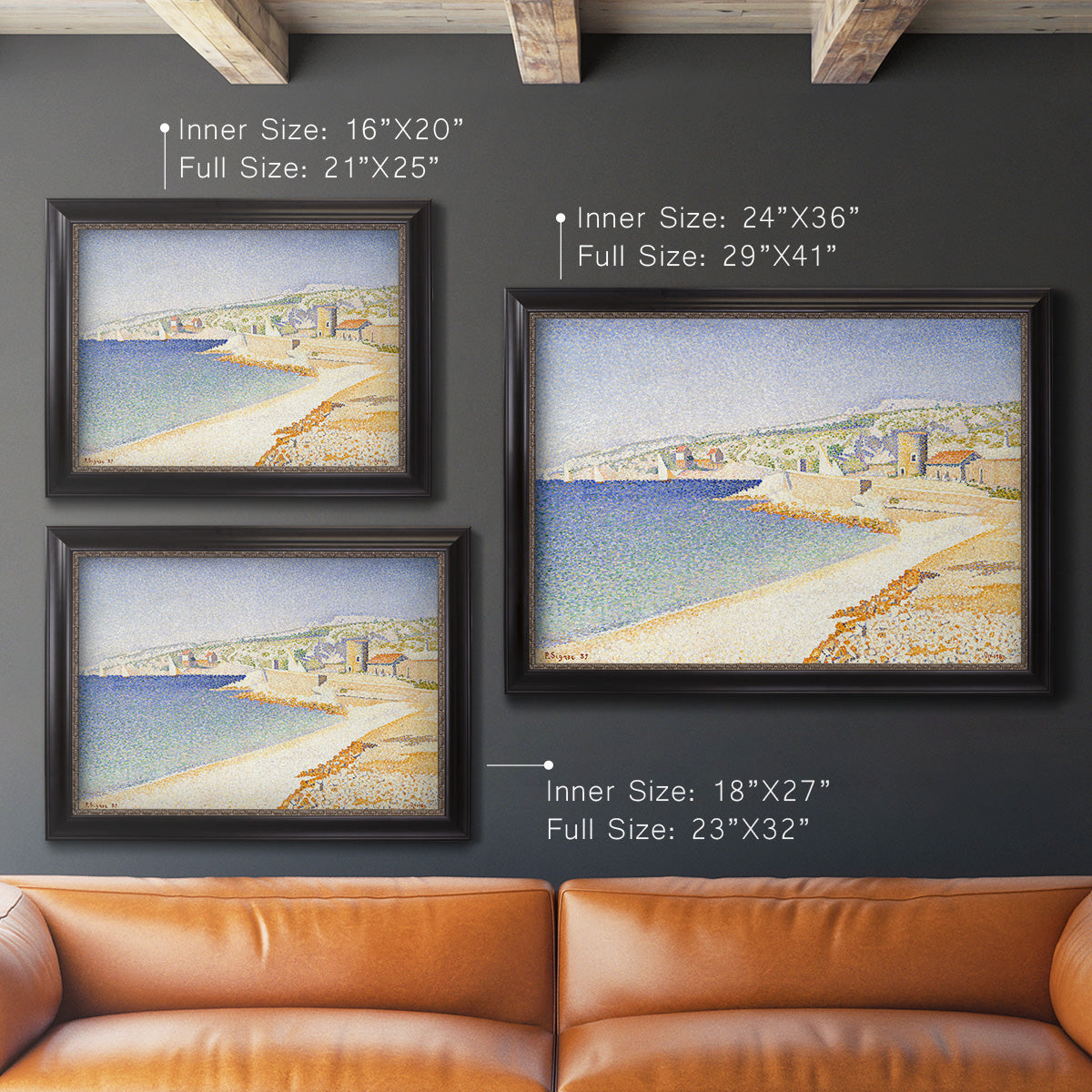 Impressionist Mediterranean jetty seascape by Paul Signac in an ornate black frame with gilded inner detail shown in multiple size options.