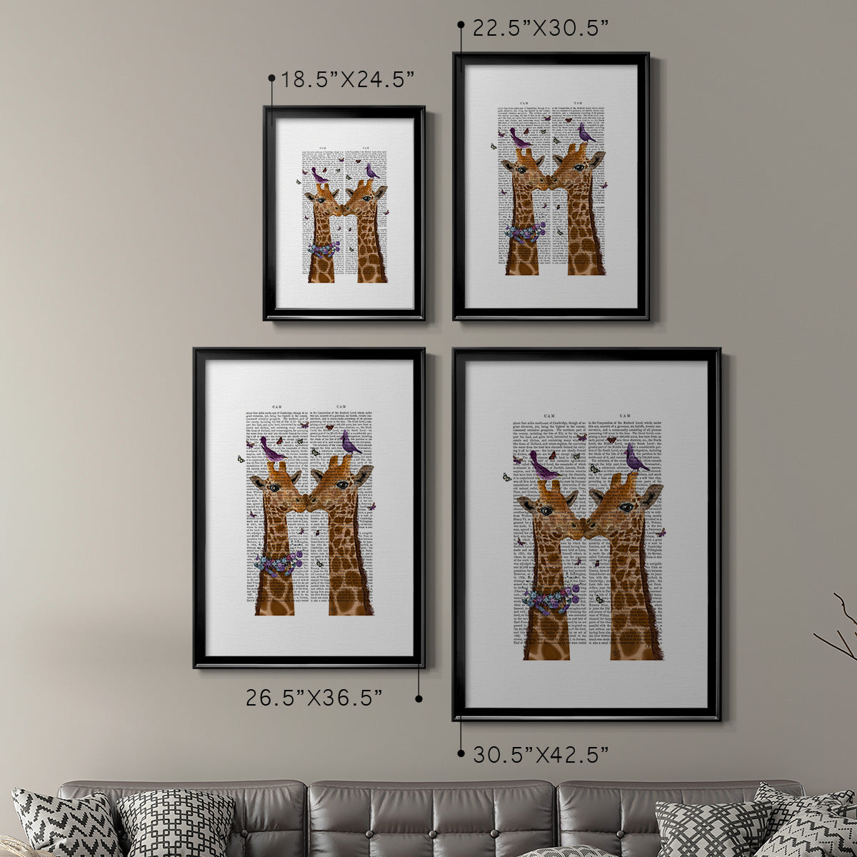 Kissing Giraffes with Birds - Modern Framed Canvas Print