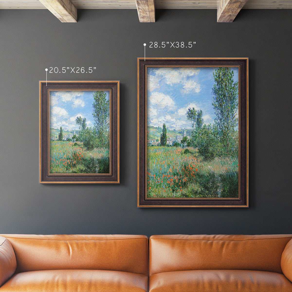 Impressionist pastoral landscape with poppy fields by Claude Monet in an ornate bronzed mahogany wood frame shown in multiple vertical size options.