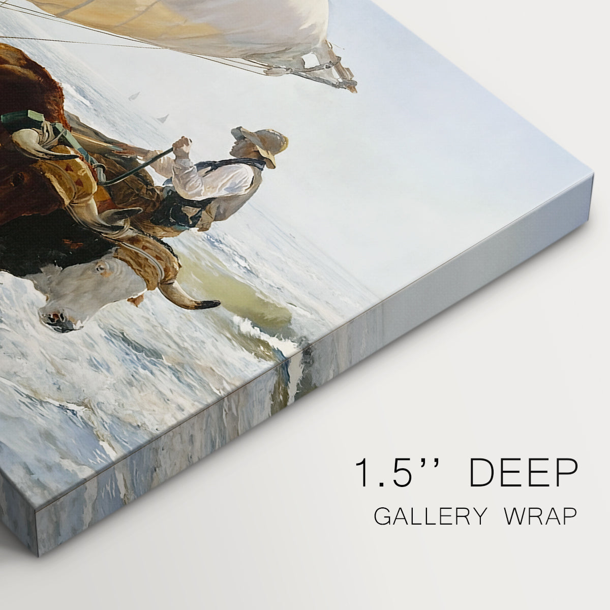 Canvas art print of fishermen pulling boat ashore with oxen along beach, highlighting texture and gallery-wrapped edges