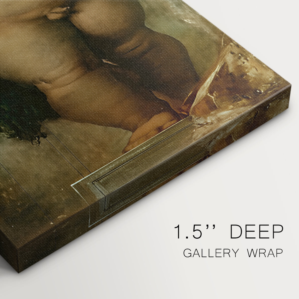 Close-up of a gallery-wrapped canvas corner showing a soft composition with a youthful figure, highlighting texture and print detail.