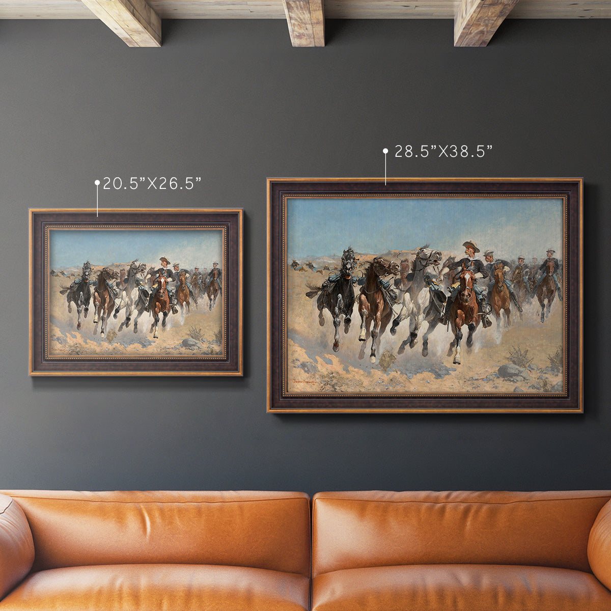 Impressionist western action scene by Frederic Remington in an ornate bronzed mahogany wood frame shown in multiple size options.