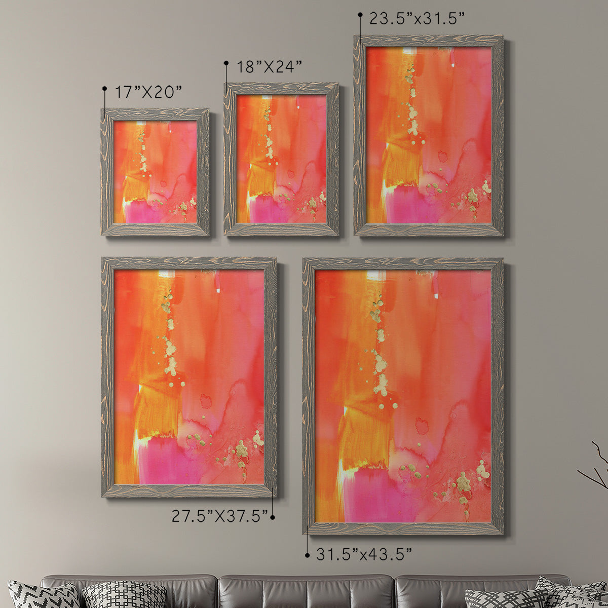 Size comparison chart for a set of two gray barnwood framed canvas prints.