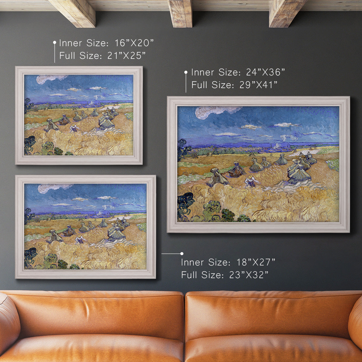 Impressionist wheat harvest scene by Vincent van Gogh in an ornate weathered white frame shown in multiple size options.