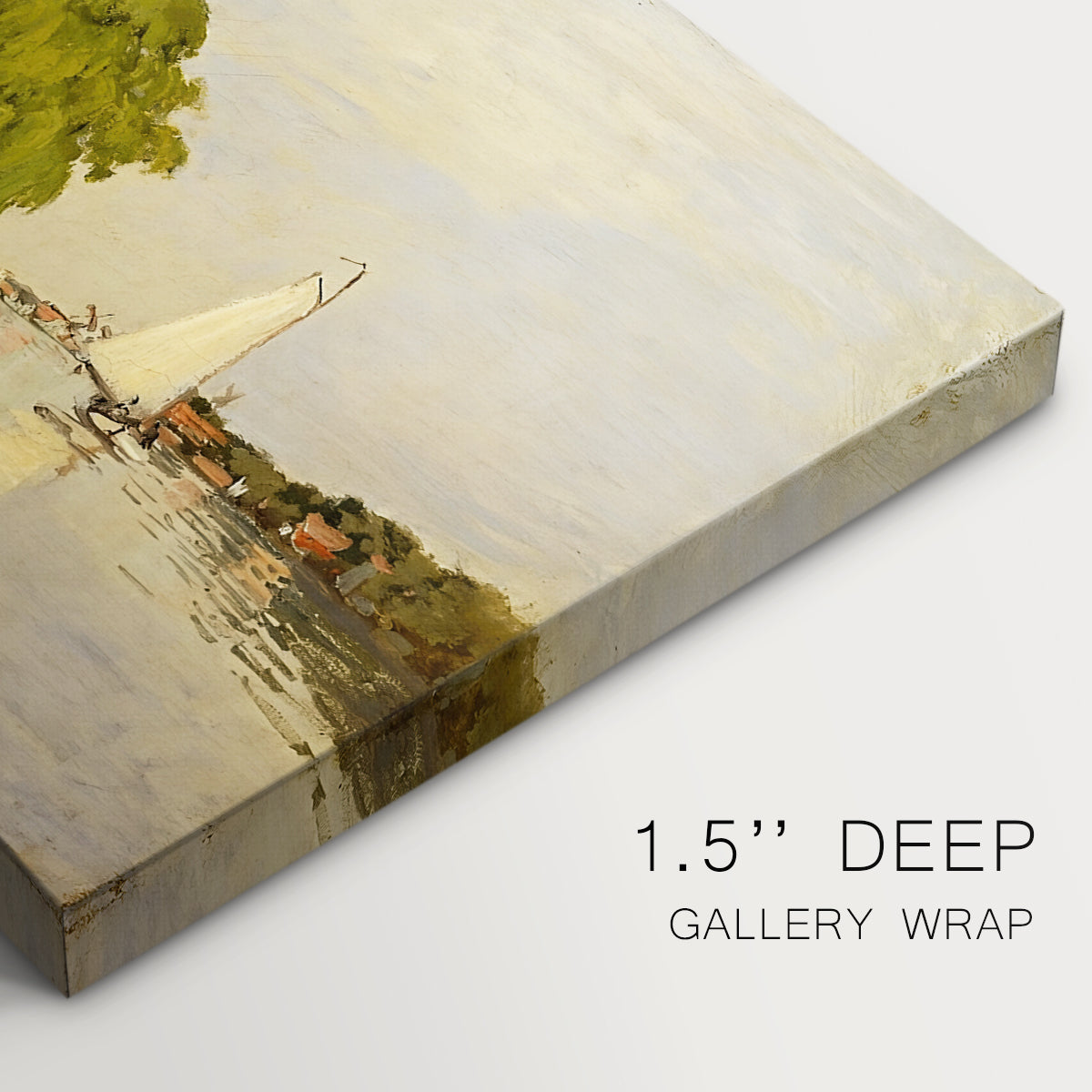 Canvas art print of colorful houses reflected in calm river surrounded by greenery, highlighting texture and gallery-wrapped edges