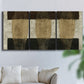 Three-panel canvas wall art featuring textured abstract vessel forms, displayed in a living room above a sofa.