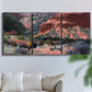 Three-panel canvas wall art featuring rugged canyon landscape with wildlife, displayed in a living room above a sofa.