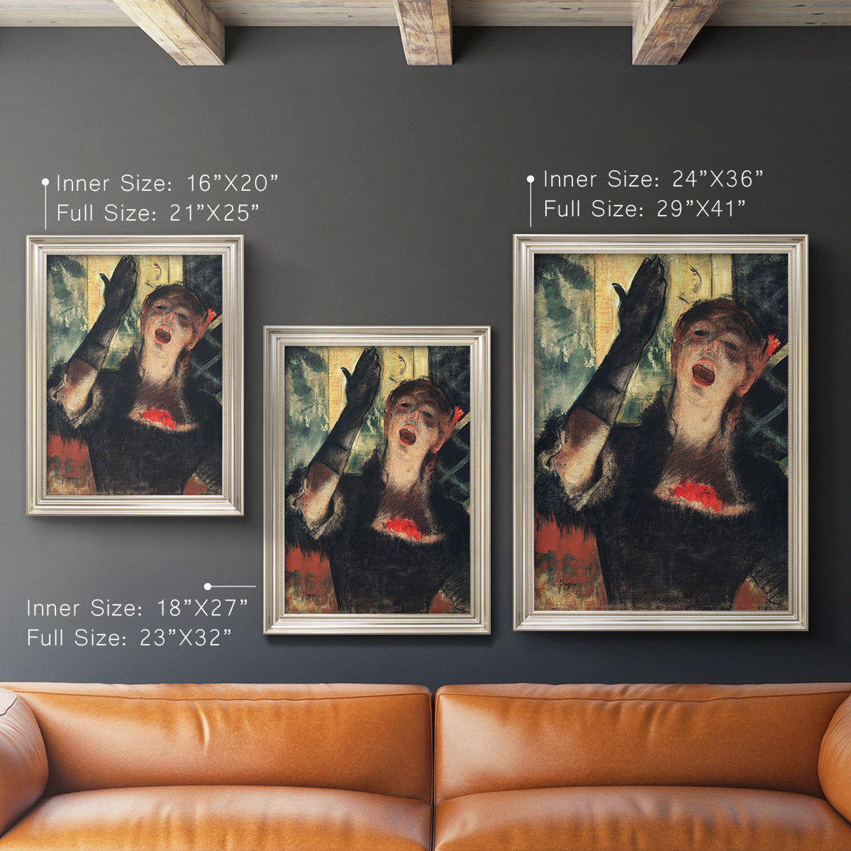 Impressionist portrait of a café singer by Edgar Degas in an ornate champagne frame shown in multiple vertical size options.