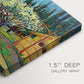 Canvas art print of rows of flowering trees enclosed by tall cypress trees in orchard setting, highlighting texture and gallery-wrapped edges