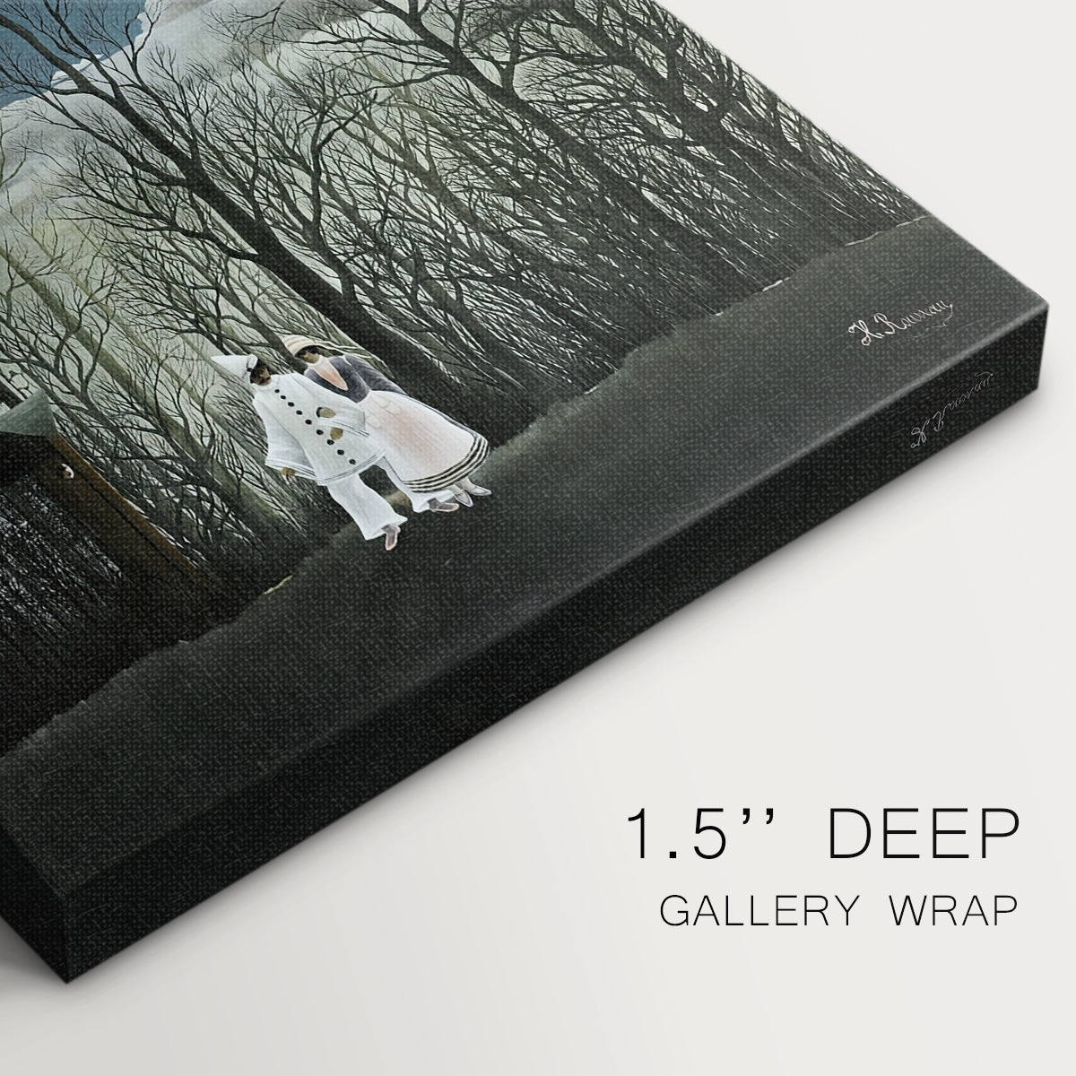 Close-up of a gallery-wrapped canvas corner showing a quiet nocturnal composition with theatrical presence, highlighting texture and print detail.