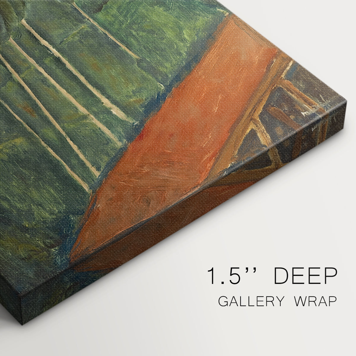 Close-up of a gallery-wrapped canvas corner showing an expressive landscape with geometric structures and vibrant palette, highlighting texture and print detail.