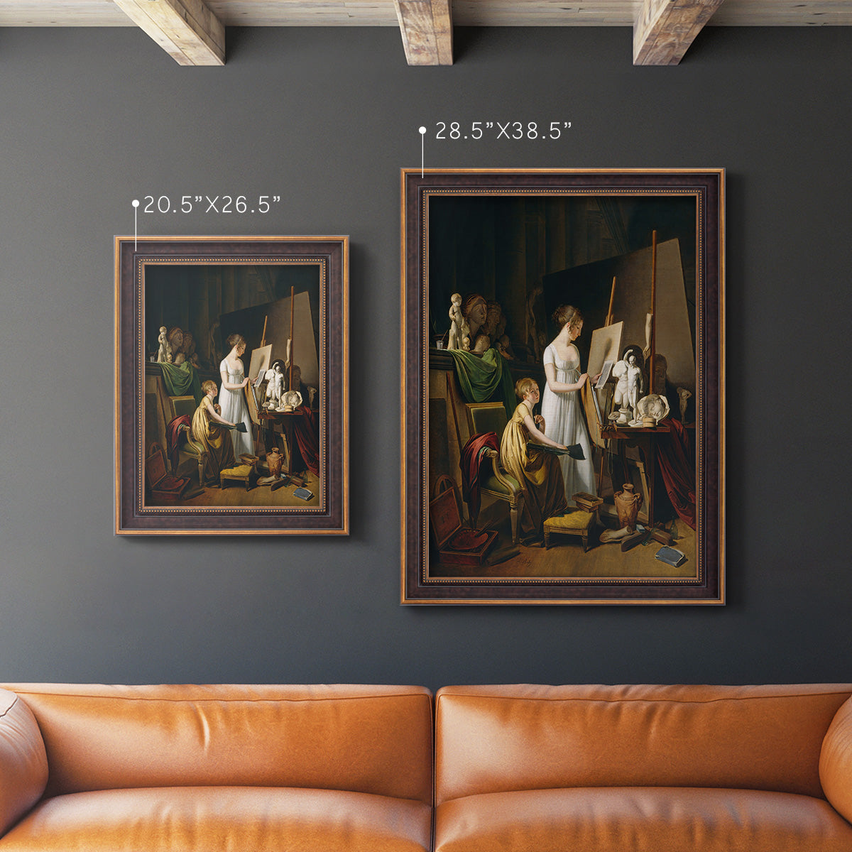 Classical interior painting of an artist at work by Louis-Leopold Boilly in an ornate bronzed mahogany wood frame shown in multiple vertical size options.