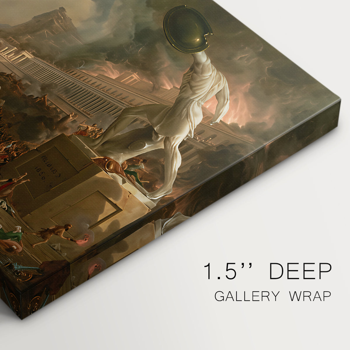 Canvas art print of a city in chaos with burning buildings and collapsing structures during attack, highlighting texture and gallery-wrapped edges