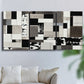 Three-panel canvas wall art featuring rectangular mid century geometric abstraction, displayed in a living room above a sofa.