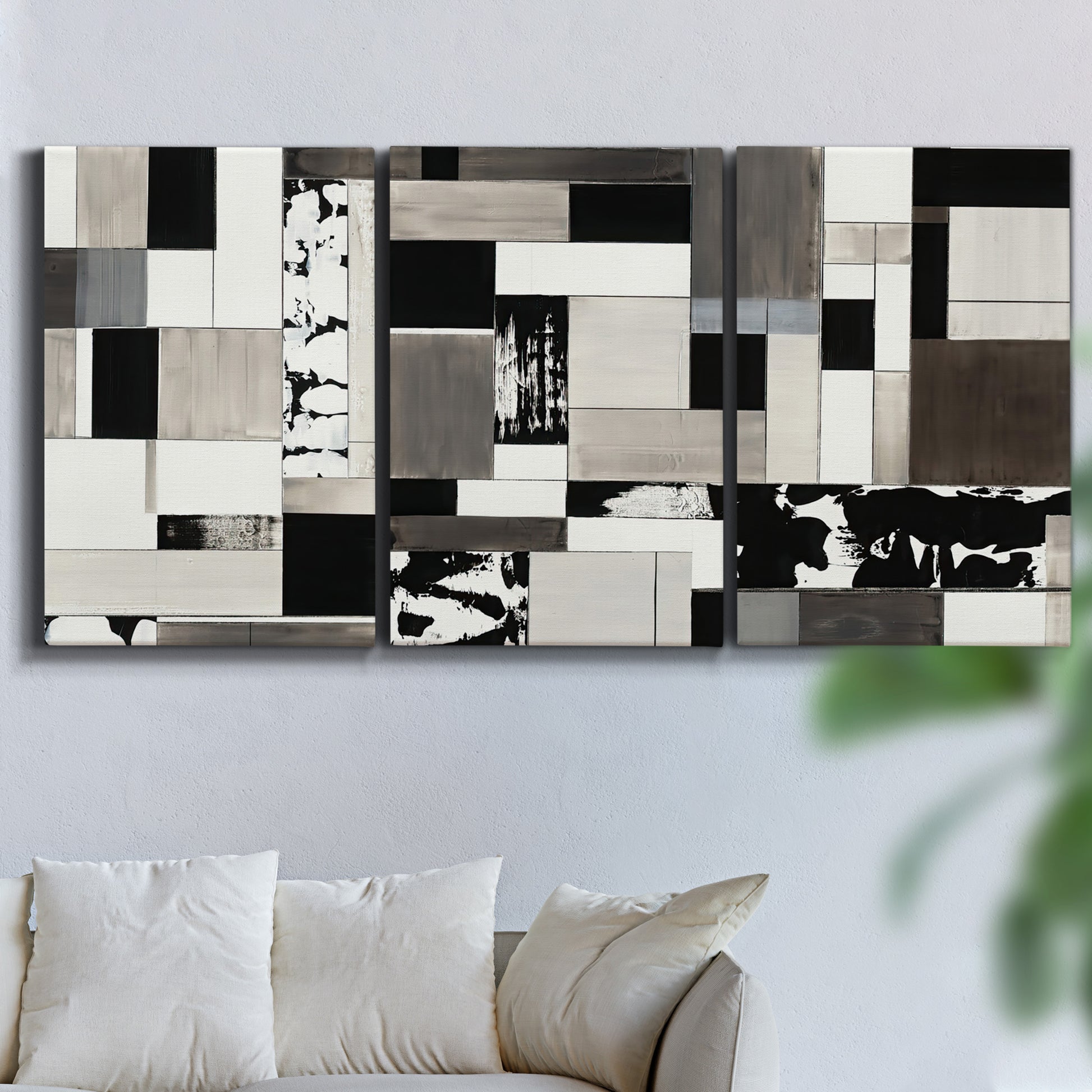 Three-panel canvas wall art featuring rectangular mid century geometric abstraction, displayed in a living room above a sofa.
