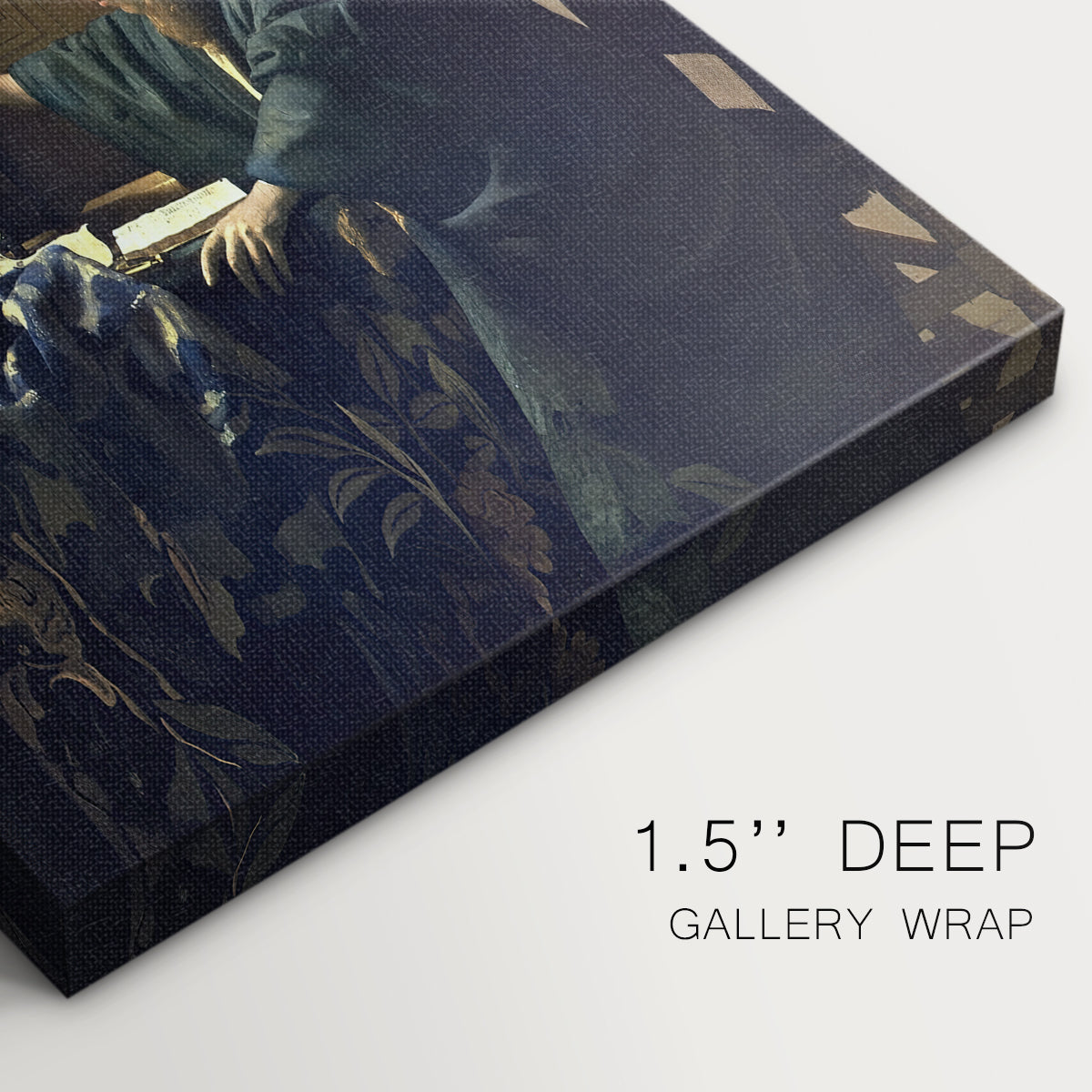 Close-up of a gallery-wrapped canvas corner showing a refined composition with structured interior, highlighting texture and print detail.