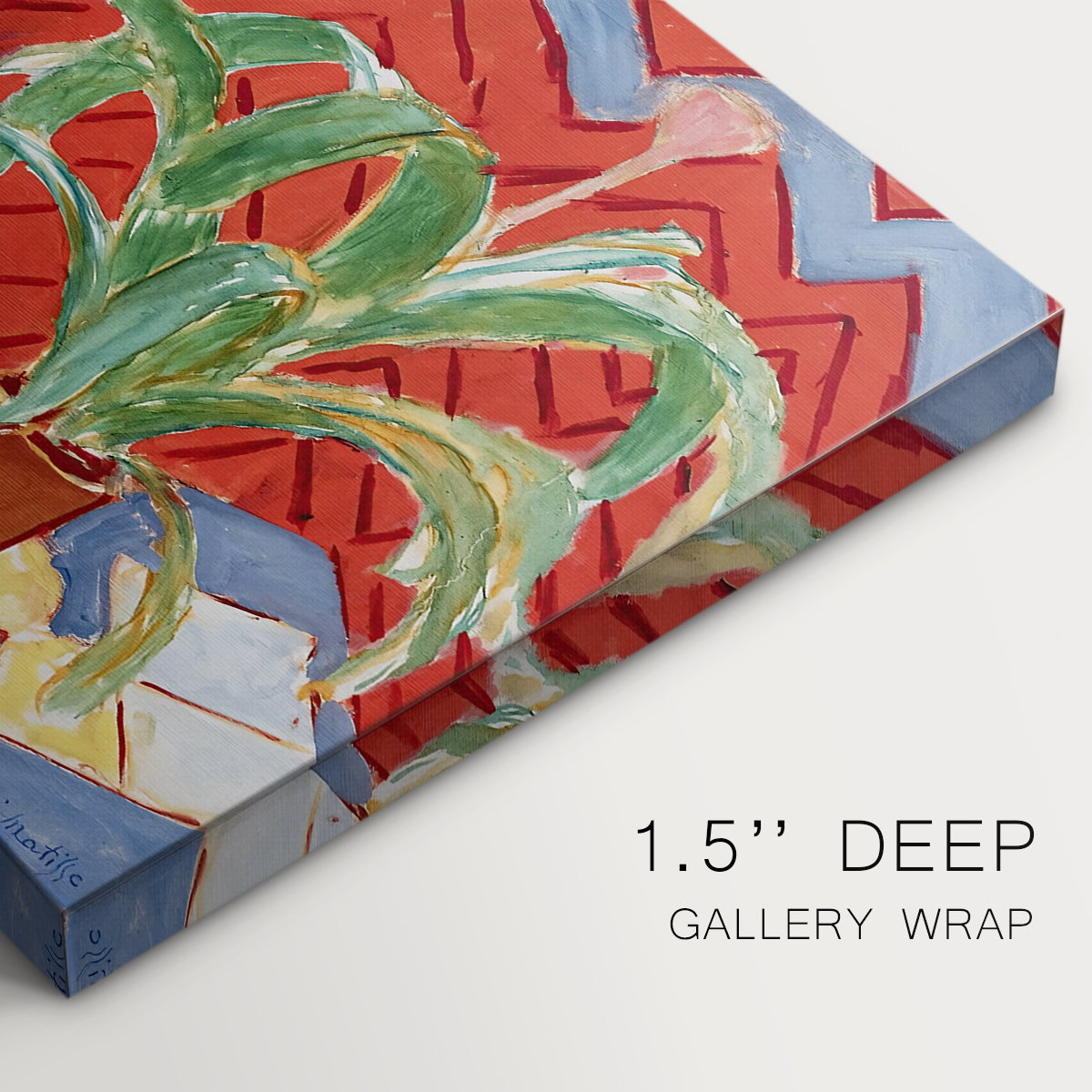 Canvas art print of a seated woman in a vivid interior with bold color contrasts, highlighting texture and gallery-wrapped edges