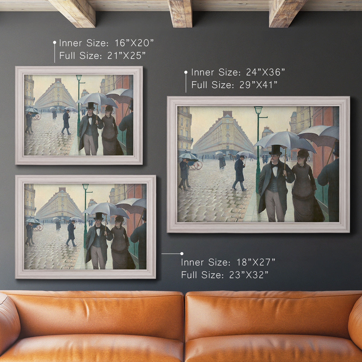 Impressionist urban street scene in the rain by Gustave Caillebotte in an ornate weathered white frame shown in multiple size options.