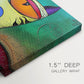 Canvas art print of a colorful geometric cat face with angular shapes, highlighting texture and gallery-wrapped edges