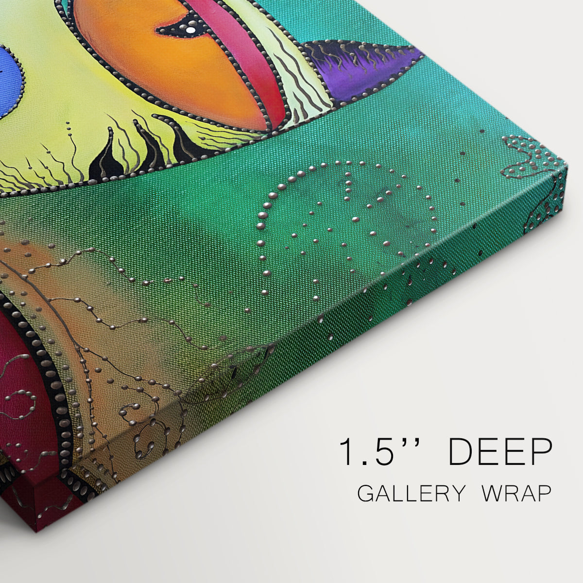 Canvas art print of a colorful geometric cat face with angular shapes, highlighting texture and gallery-wrapped edges