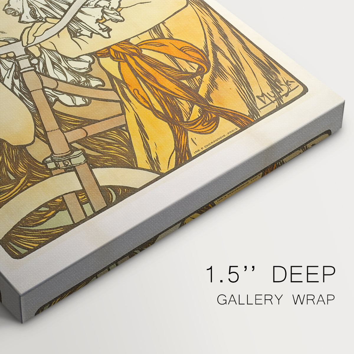 Close-up of a gallery-wrapped canvas corner showing a decorative print combining portrait and bicycle imagery, highlighting texture and print detail.