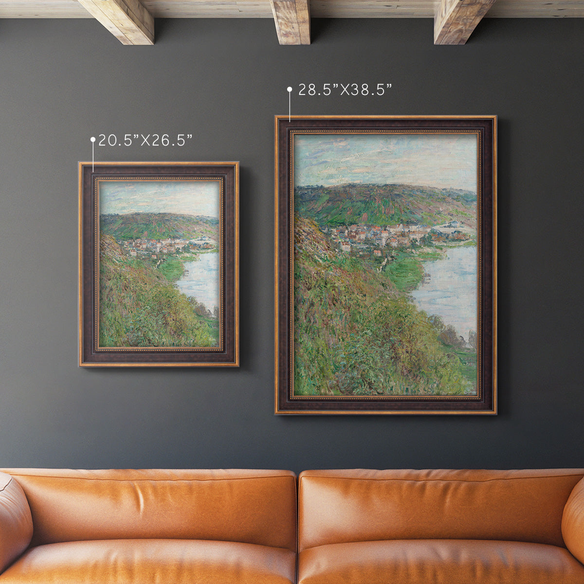 Impressionist landscape view of Vétheuil by Claude Monet in an ornate bronzed mahogany wood frame shown in multiple vertical size options.