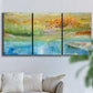 Three-panel canvas wall art featuring abstract sense of forward movement, displayed in a living room above a sofa.
