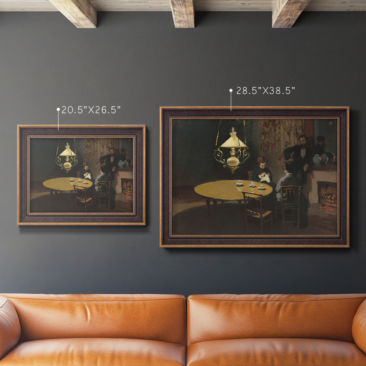 Impressionist domestic interior scene by Claude Monet in an ornate bronzed mahogany wood frame shown in multiple size options.