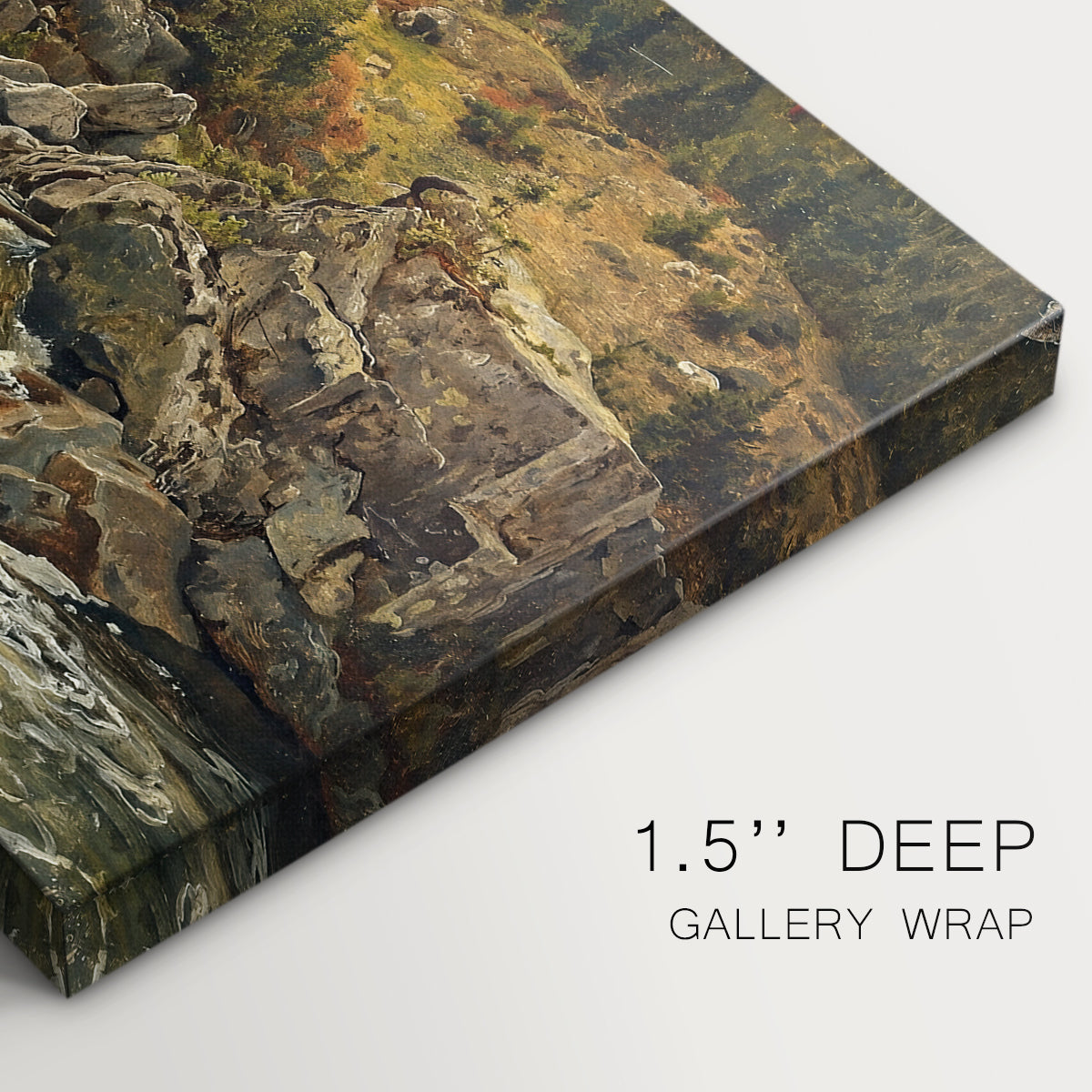 Canvas art print of a waterfall cascading down rocky slope surrounded by forest, highlighting texture and gallery-wrapped edges