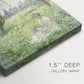 Close-up of a gallery-wrapped canvas corner showing a quiet moment with a seated figure surrounded by trees, highlighting texture and print detail.