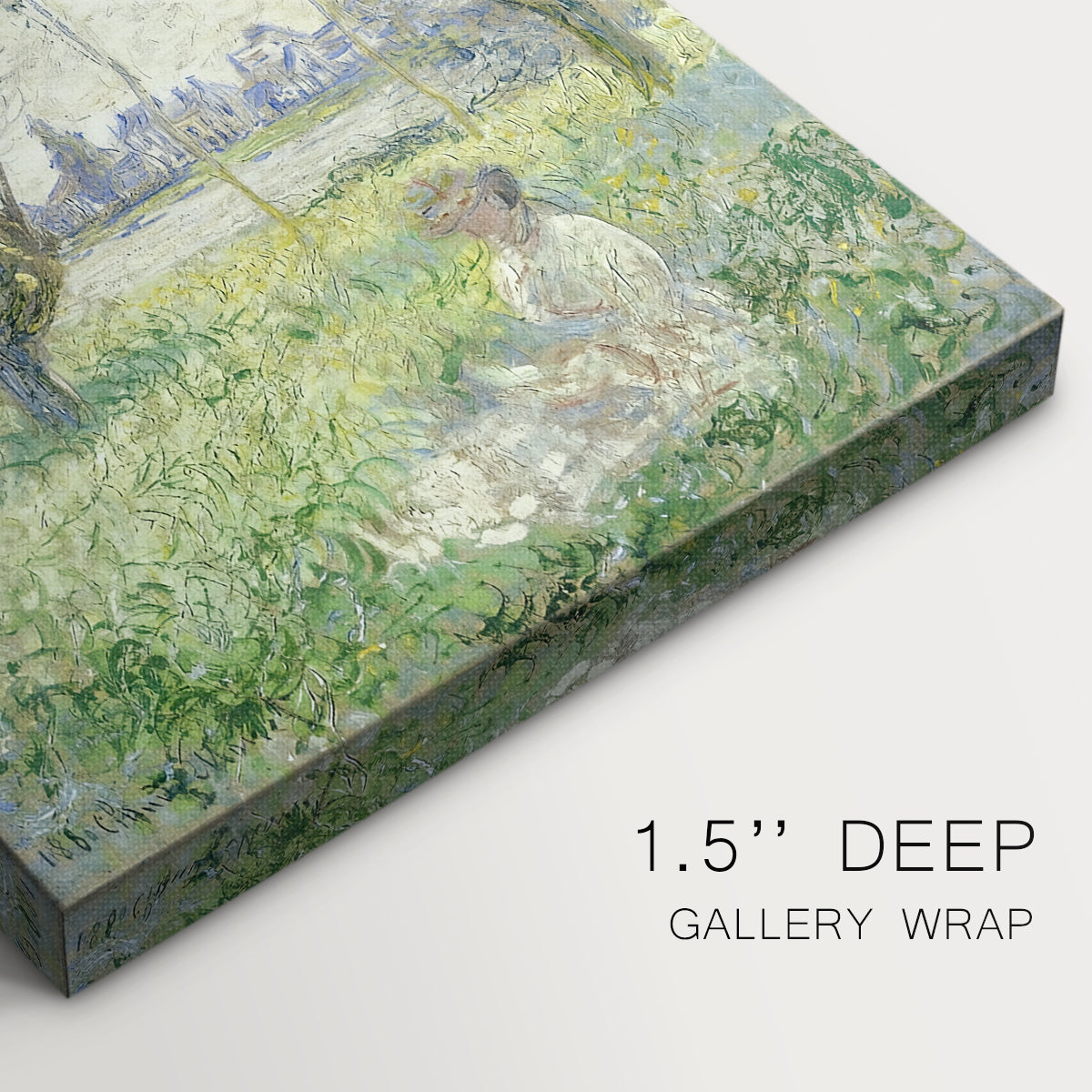 Close-up of a gallery-wrapped canvas corner showing a quiet moment with a seated figure surrounded by trees, highlighting texture and print detail.