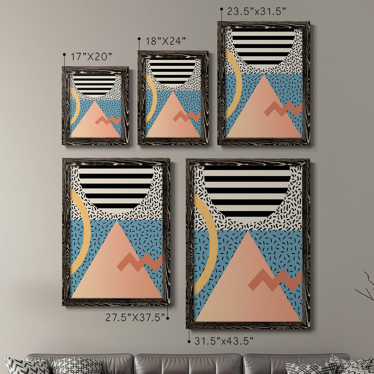 Size comparison chart for a set of two black barnwood framed canvas prints.