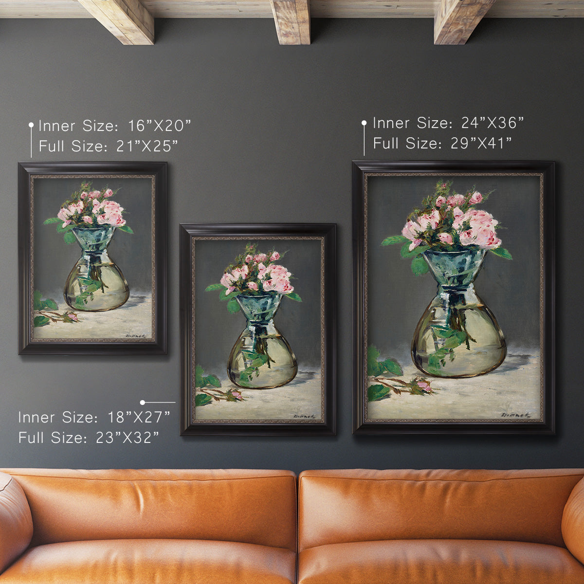 Moss Roses in a Vase - Ornate Framed Canvas Print