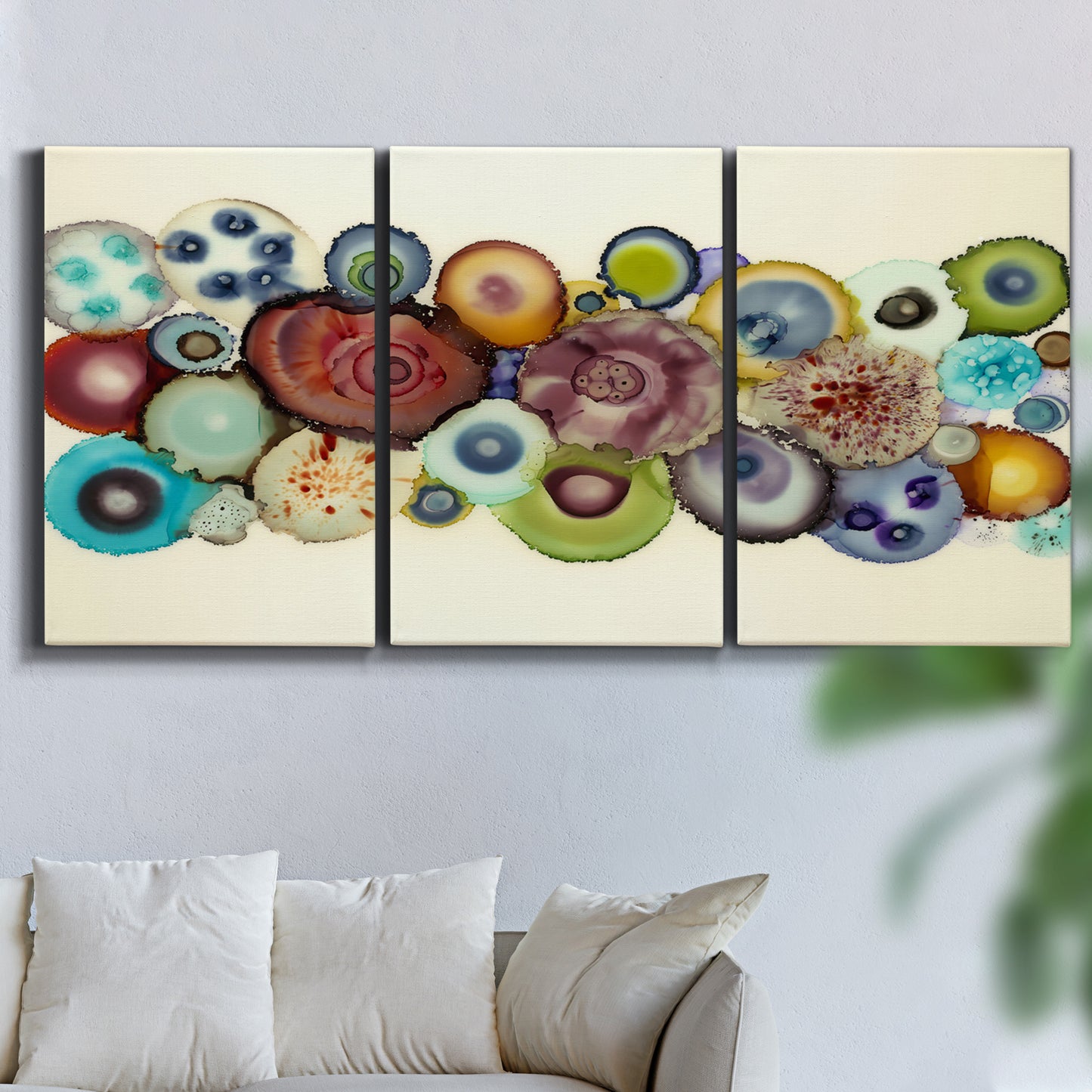 Three-panel canvas wall art featuring mid century geometric red pathway, displayed in a living room above a sofa.