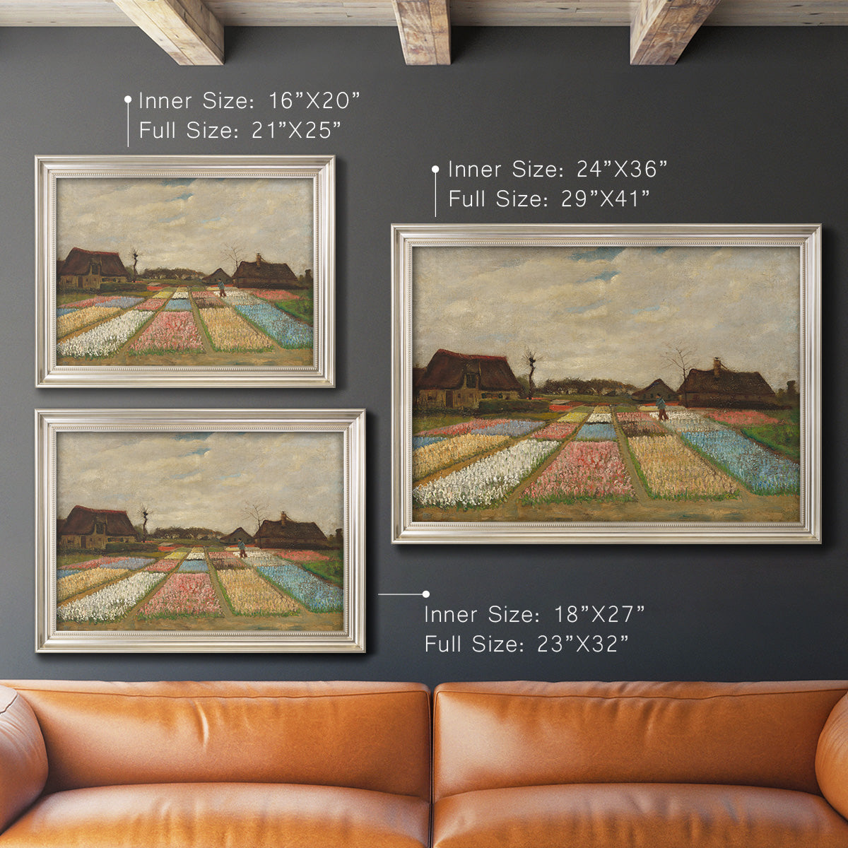 Impressionist Dutch bulb field landscape by Vincent van Gogh in an ornate champagne frame shown in multiple size options.