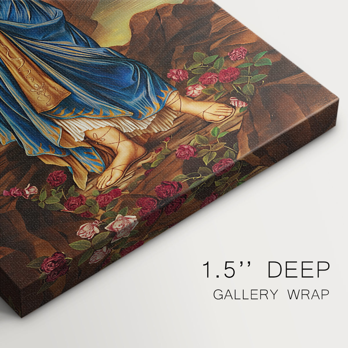 Close-up of a gallery-wrapped canvas corner showing a powerful depiction of a woman in a tense, expressive pose, highlighting texture and print detail.