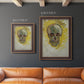 Expressive skull study painting by Vincent van Gogh in an ornate bronzed mahogany wood frame shown in multiple vertical size options.