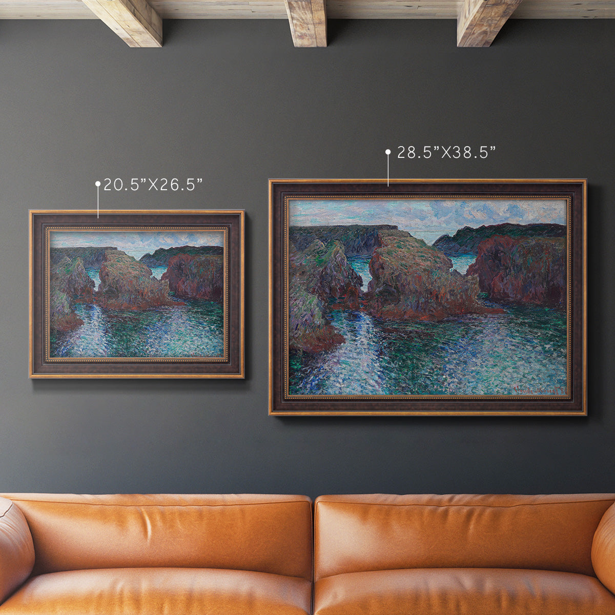 Impressionist rocky seascape by Claude Monet in an ornate bronzed mahogany wood frame shown in multiple size options.